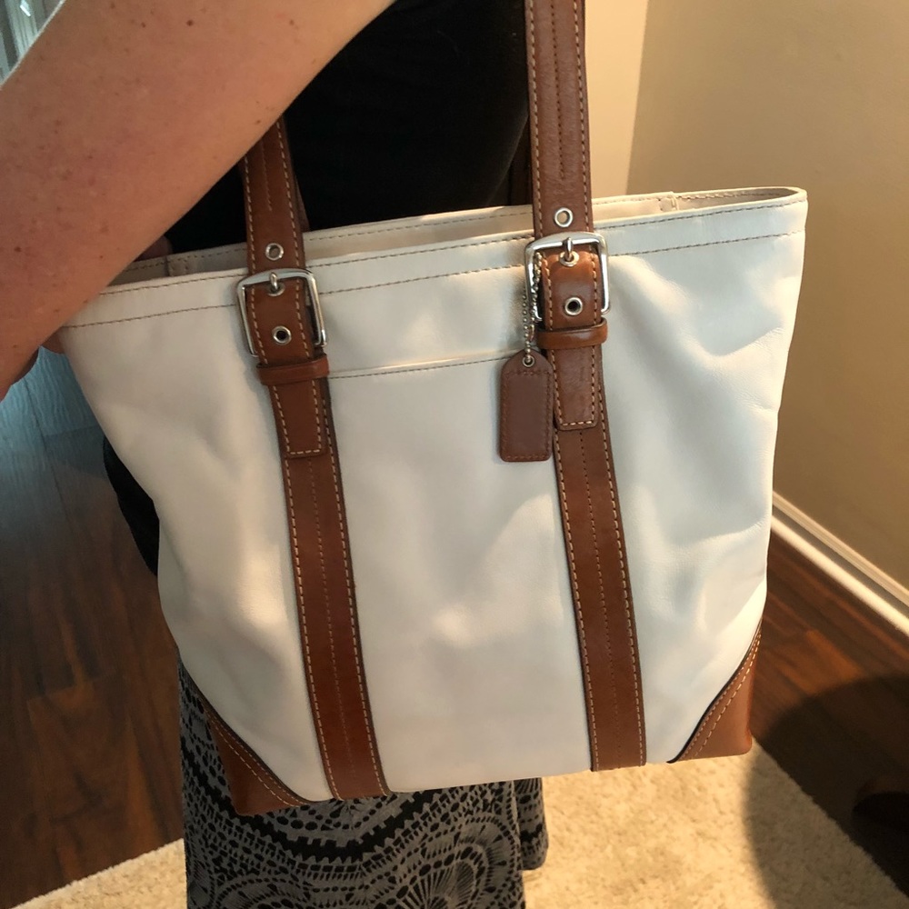 Coach Handbag White and Brown Leather